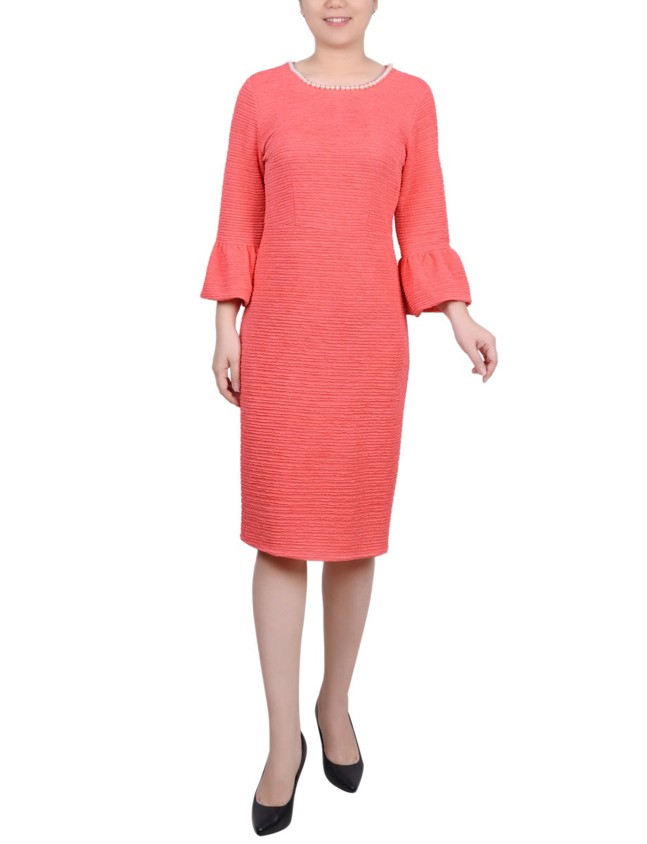  NY Collection Petite 3/4 Length Pearl Detail Dress - Coral - Bonton