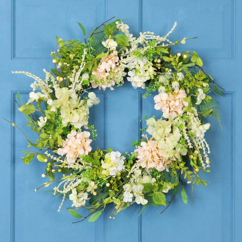 Hydrangea and Fern Spring Floral Berry Wreath-  28" - Green and Pink