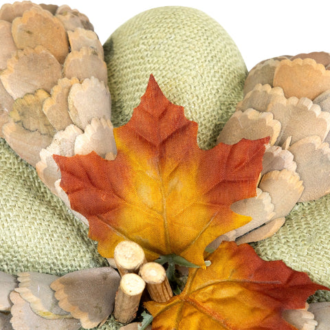 Fall Harvest Layered Wooden Leaves and Burlap Pumpkin - 10" - Green and Beige