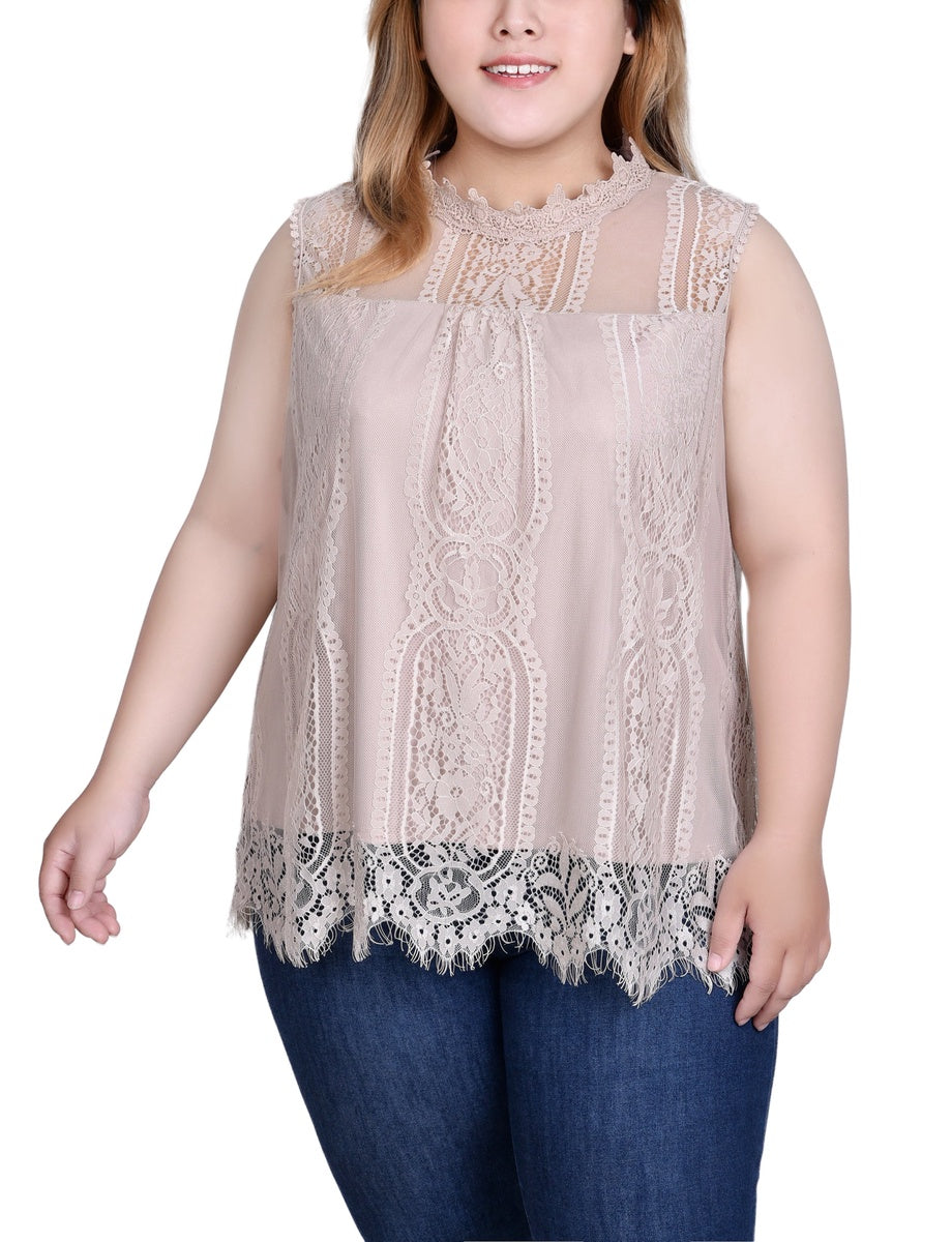  NY Collection Plus Size Sleeveless Mock Neck Lace Top - Black Nude - Bonton