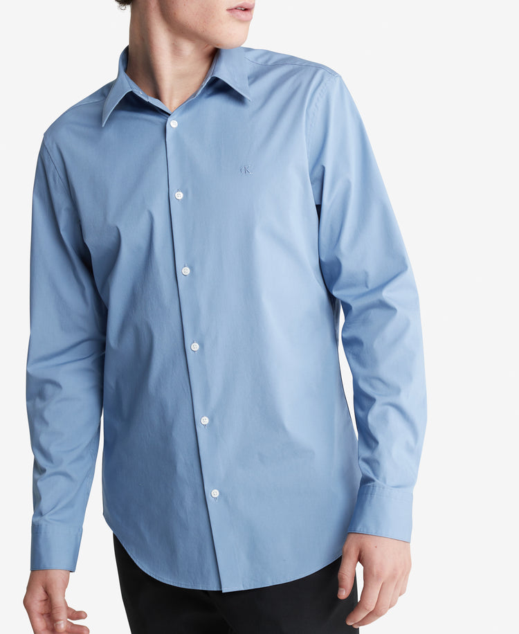 Long Sleeve Solid Stretch Slim Woven Shirt Blue