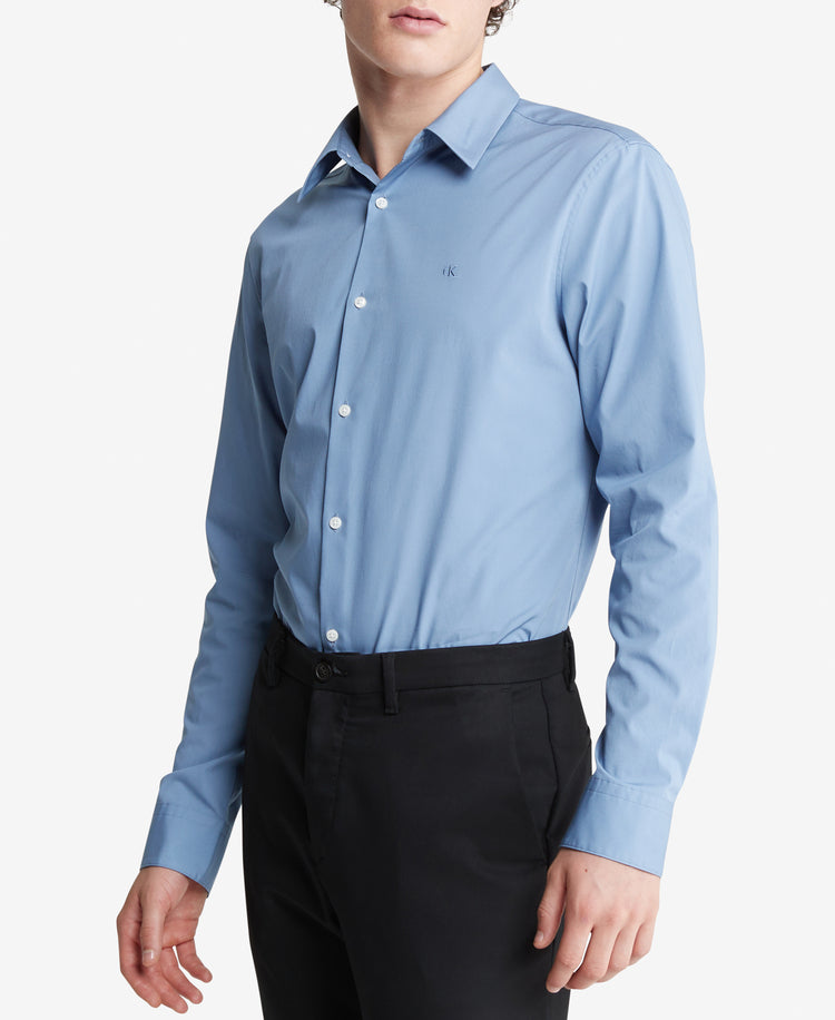 Long Sleeve Solid Stretch Slim Woven Shirt Blue