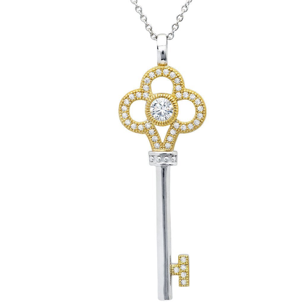  CRISLU Clover Key Pendant Finished in Pure Platinum & 18kt Yellow Gold Sale - Pure Platinum - Bonton