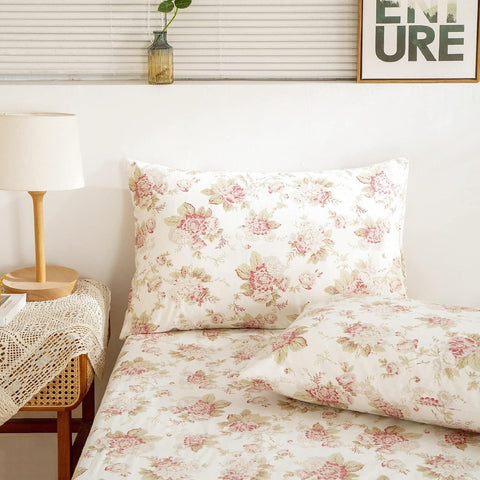DaDa Bedding Hint of Mint Dainty Cottage Floral Roses Cotton Flat Sheet Only w/ Pillow Case (3036) - DaDa Bedding Collection