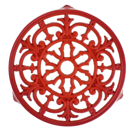 French Fleur De Lys Enameled Cast Iron Trivet, 9-Inch Diameter, Red