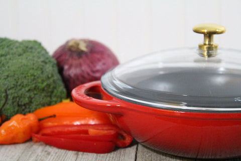 French Enameled Cast Iron Wok With Glass Lid, 7-Inch Diameter, Red