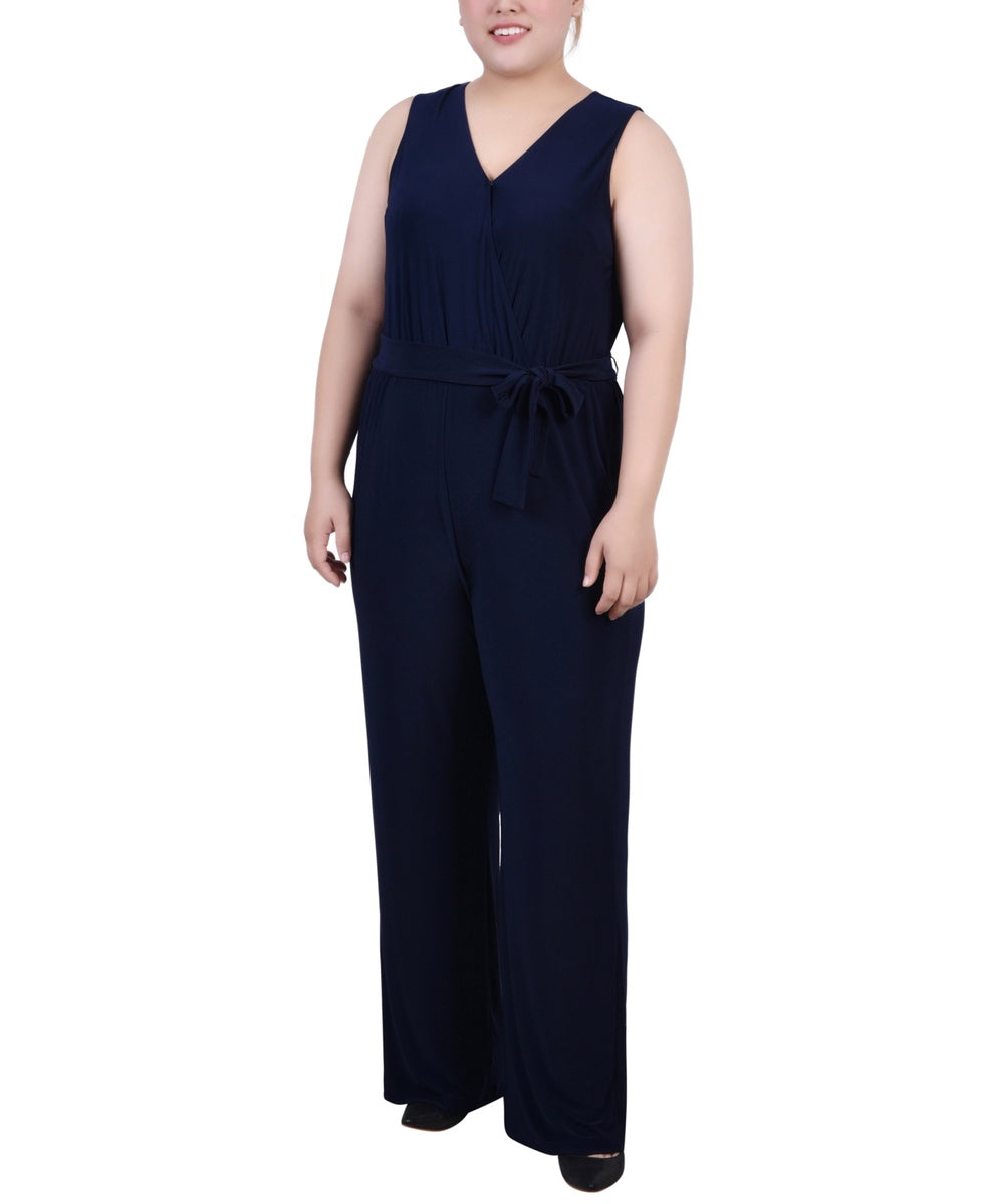  NY Collection Plus Size Sleeveless Belted Jumpsuit - Beet Red - Bonton