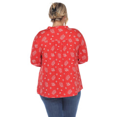 Plus Size Pleated Long Sleeve Leaf Print Blouse