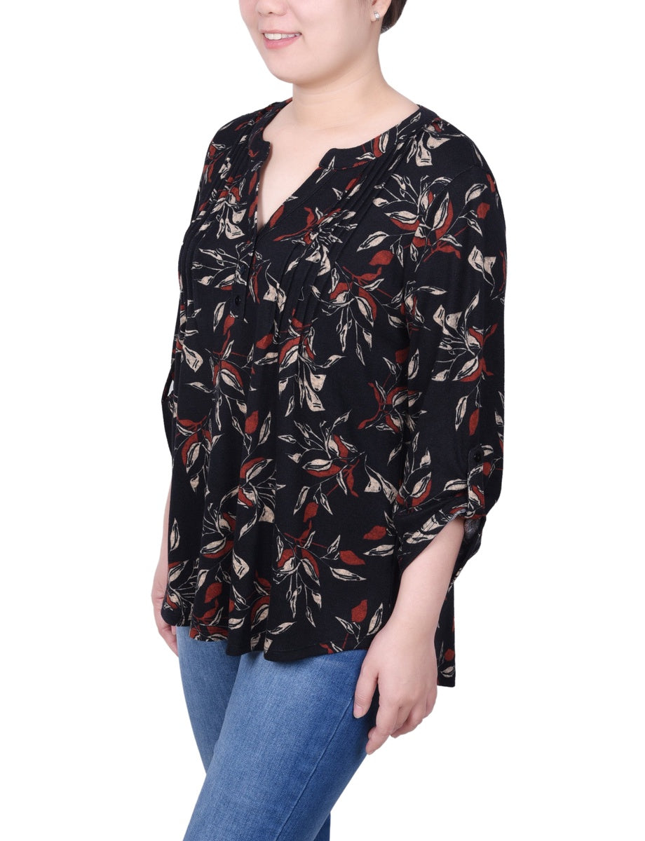  NY Collection Petite 3/4 Roll Sleeve Top - Red Black Abstract - Bonton