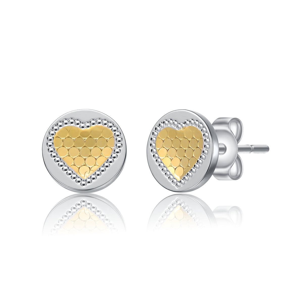  Rachel Glauber Two-Tone Heart Milgrain Medallion Round Stud Earrings, White Gold Plated or 14K Gold Plated - Default Title - Bonton