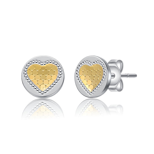 Two-Tone Heart Milgrain Medallion Round Stud Earrings, White Gold Plated or 14K Gold Plated