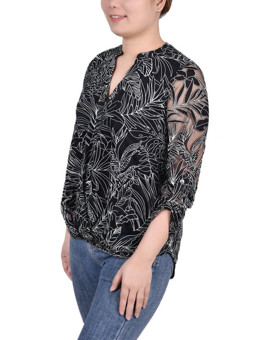 Long Sleeve Burnout Y Neck Blouse