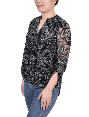Long Sleeve Burnout Y Neck Blouse