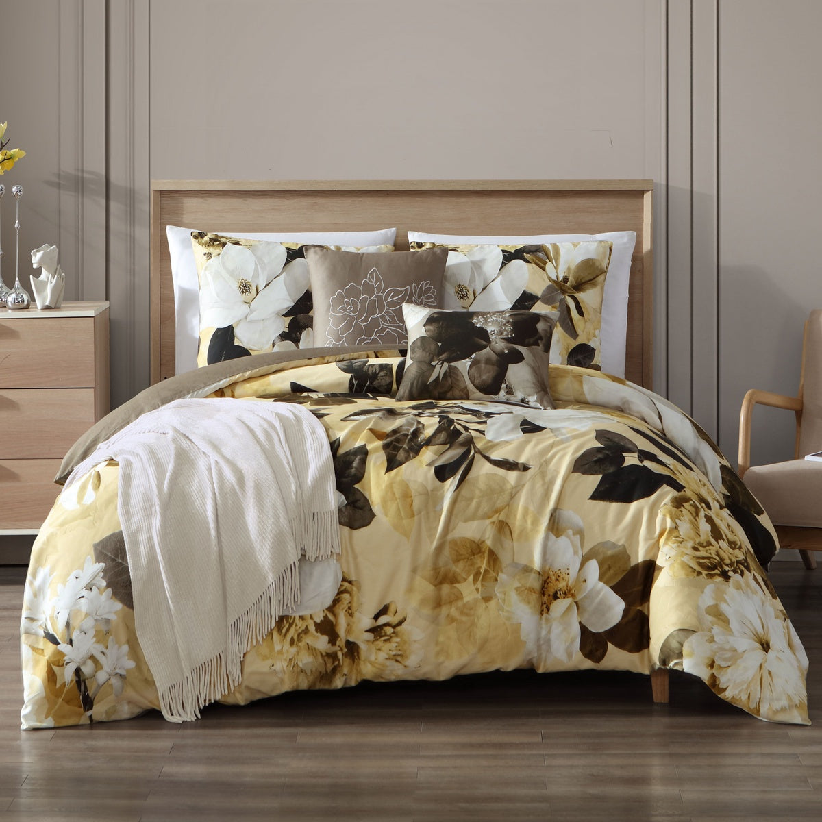  Bebejan Yellow Magnolia 100% Cotton 5 Piece Reversible Comforter Set - QUEEN - Bonton