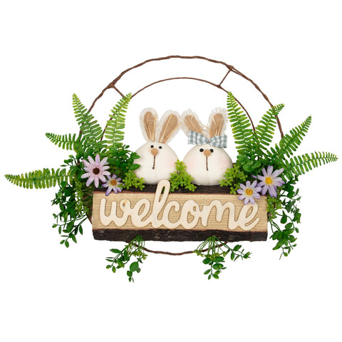 Rabbit Couple "Welcome" Floral Spring Wreath  16-Inch