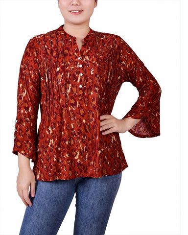 Petite 3/4 Sleeve Overlapped Bell Sleeve Y Neck Top