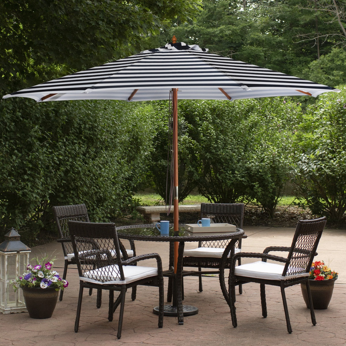  Northlight Striped Outdoor Patio Market Umbrella With Wooden Pole - 8.5' - Blue and White - Default Title - Bonton