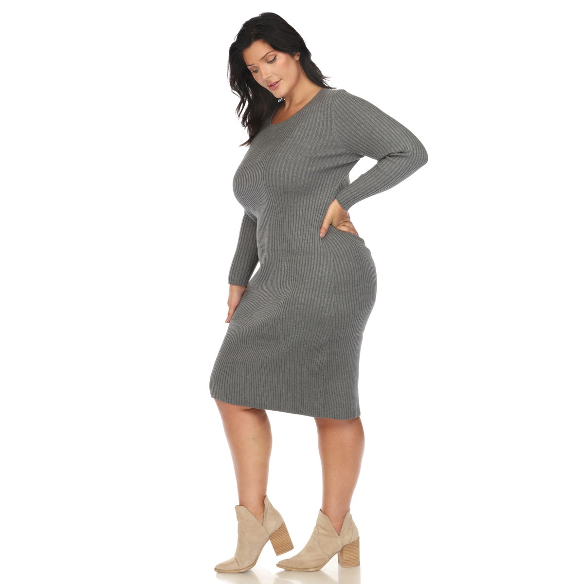  White Mark Plus Size Long Sleeve Rib Midi Sweater Dress - 1X - Bonton