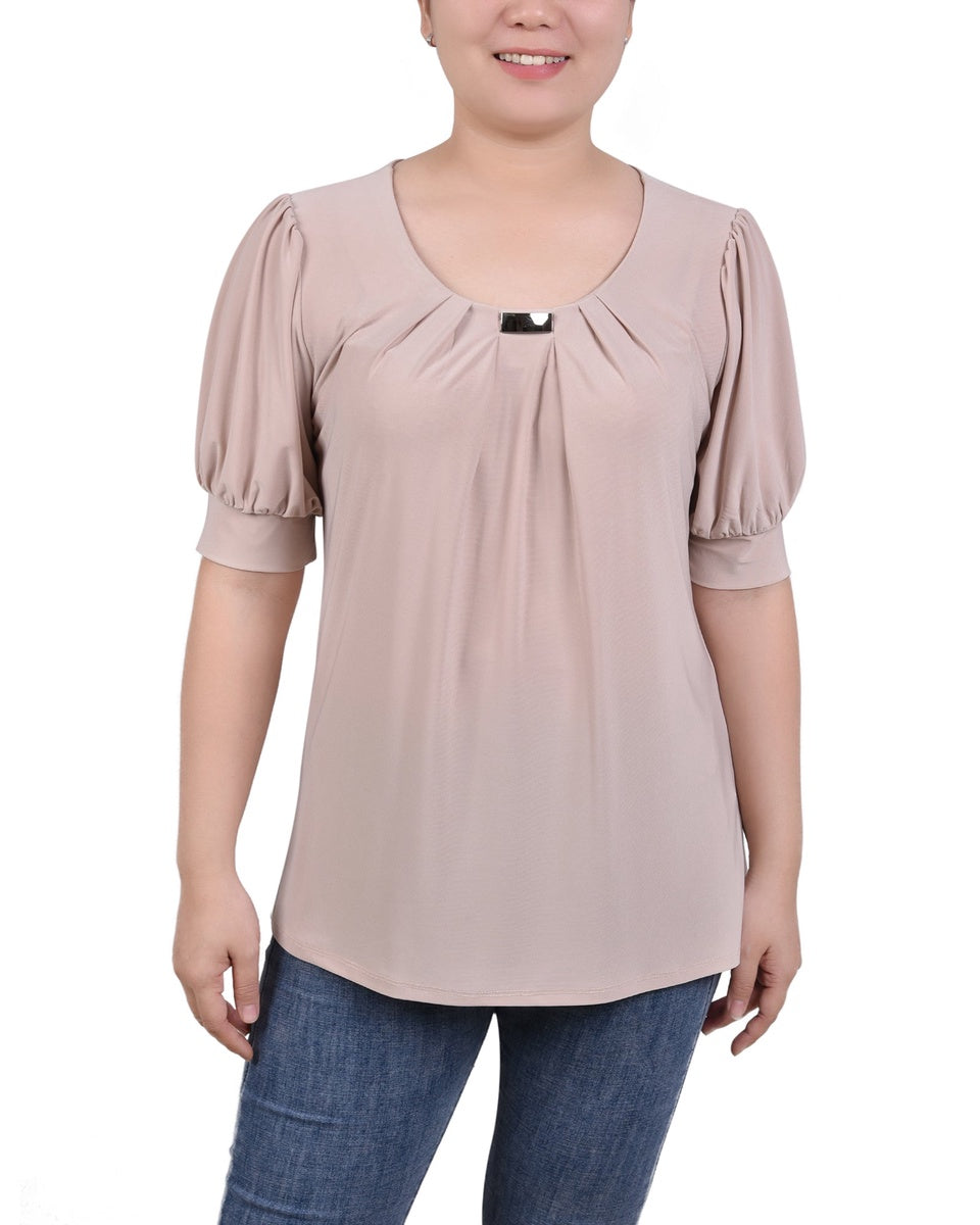  NY Collection Short Sleeve Balloon Sleeve Top With Hardware - Samoan Sun - Bonton