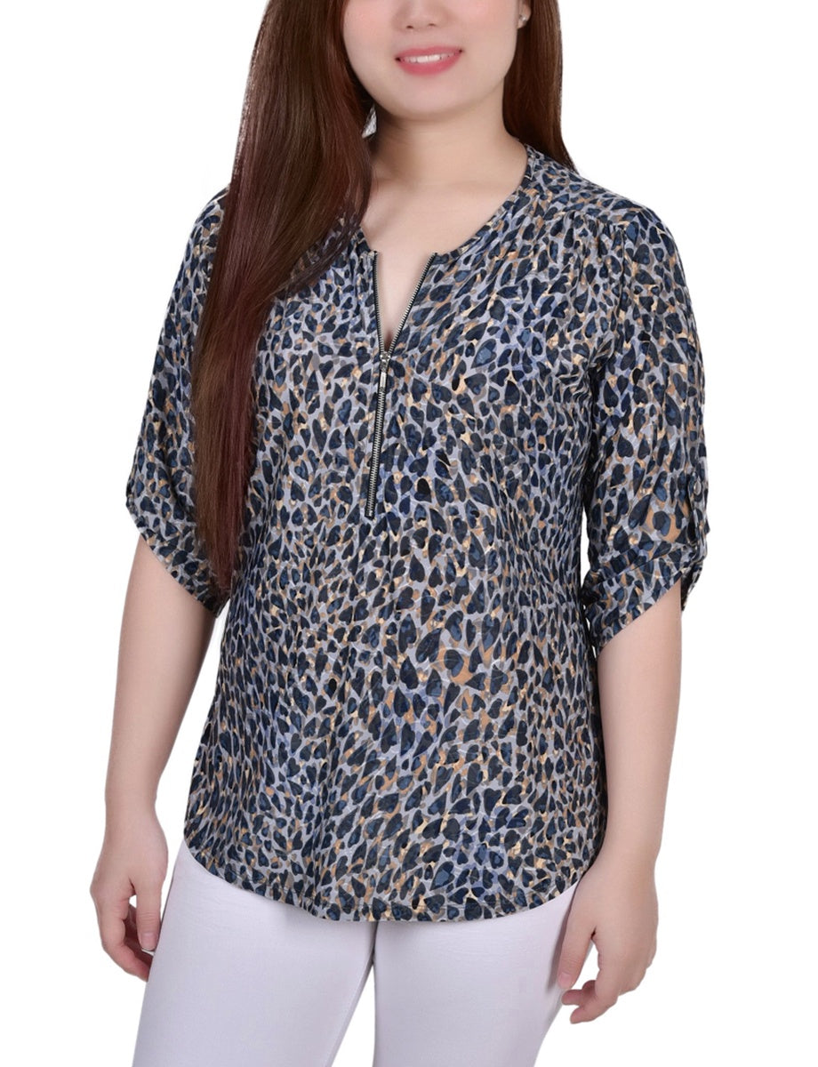  NY Collection 3/4 Roll Tab Zip Front Jacquard Knit Top - Red Sakadotduo - Bonton