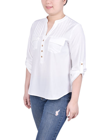 Long Tab-Sleeve Blouse With Pockets