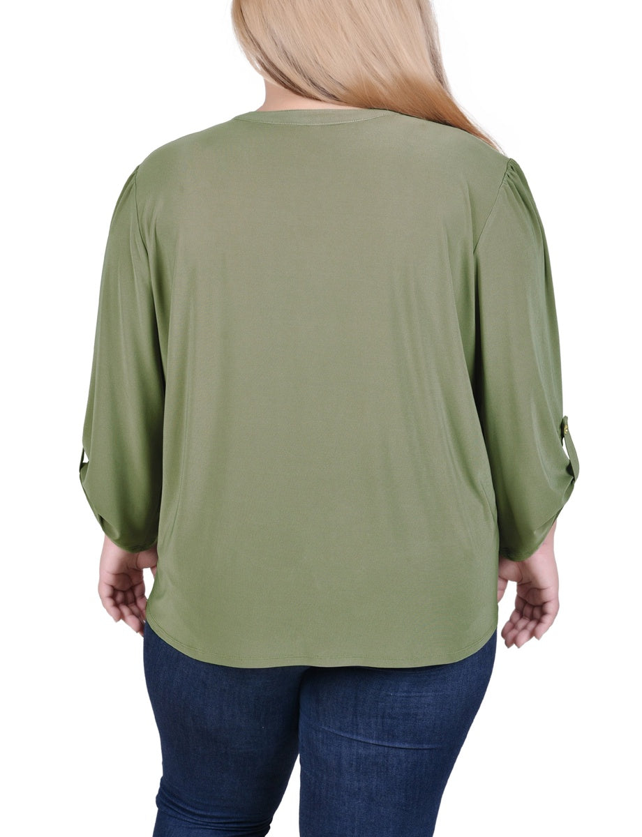  NY Collection Plus Size Long Sleeve Pintuck Front Top With Chain Details - Animal Lilas Dot - Bonton