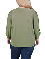 Plus Size Long Sleeve Pintuck Front Top With Chain Details