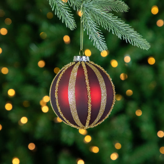 Set of 2 Burgundy and Gold Striped Beaded Christmas Glass Ball Ornaments 4"