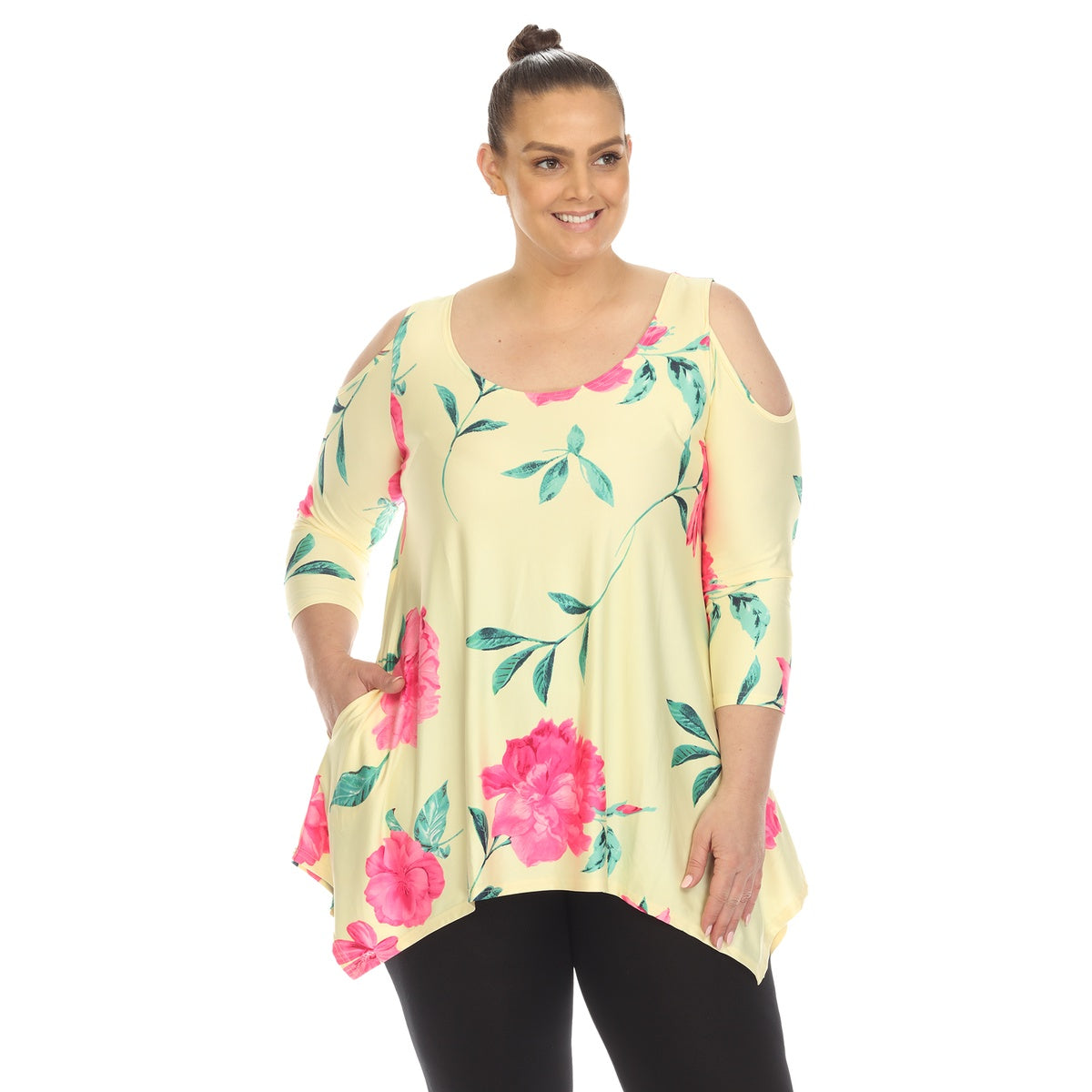  White Mark Plus Size Floral Printed Cold Shoulder Tunic - 1X - Bonton