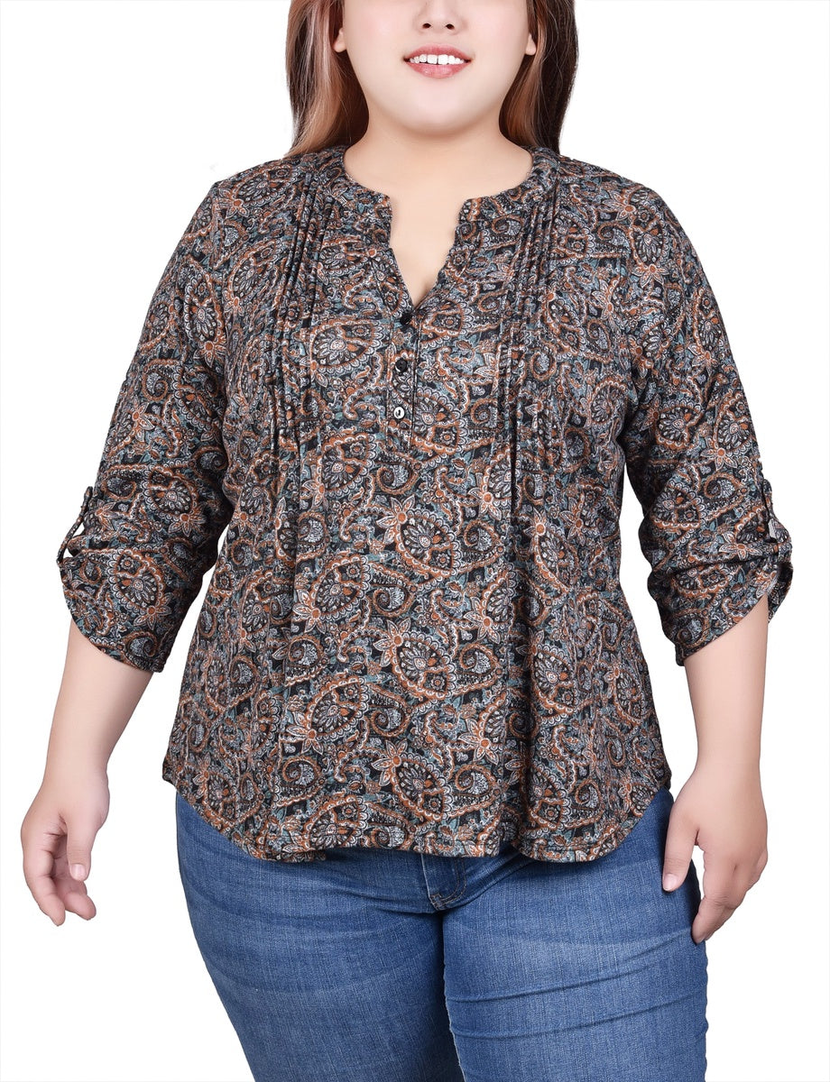  NY Collection Plus Size 3/4 Roll Sleeve Top - Black Grey Animal - Bonton