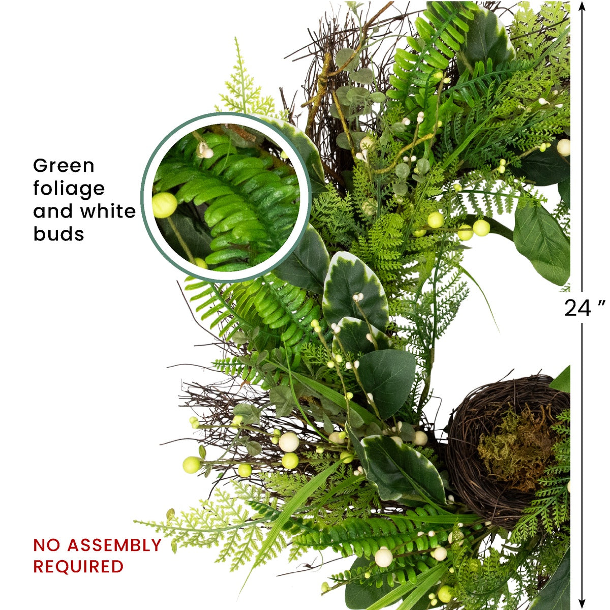  Northlight Green and Brown Foliage Artificial Spring Wreath With Nest - 24