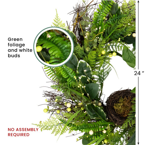 Green and Brown Foliage Artificial Spring Wreath With Nest - 24" - Unlit