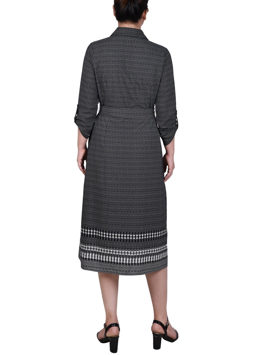  NY Collection 3/4 Roll Tab Sleeve Belted Shirtdress - Black Border - Bonton
