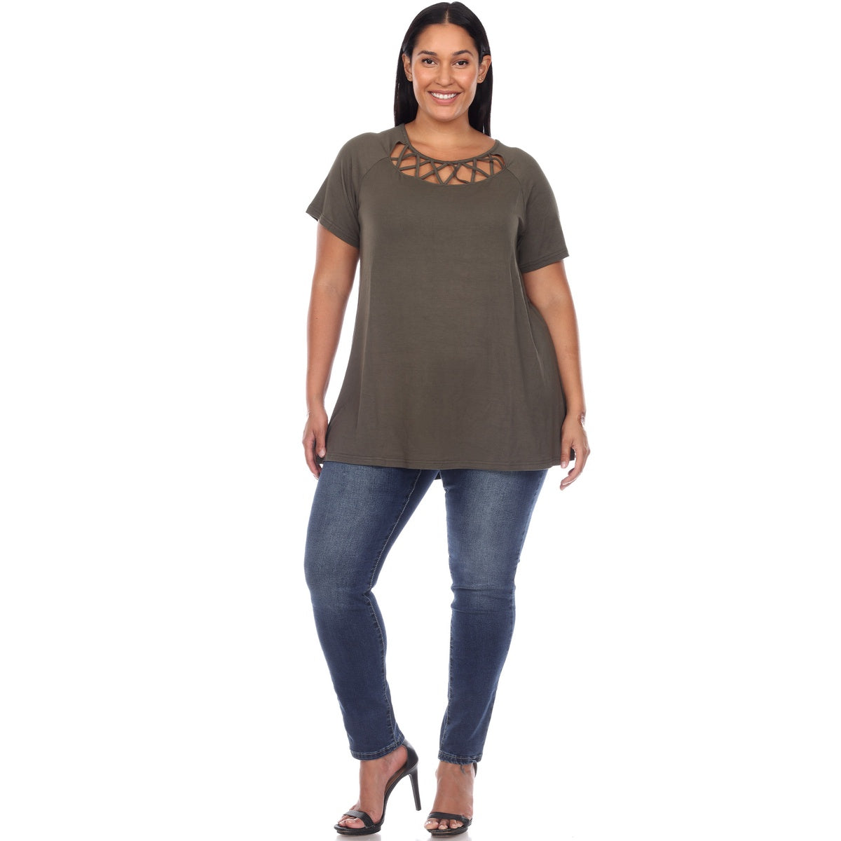  White Mark Plus Size Crisscross Cutout Short Sleeve Top - 1X - Bonton