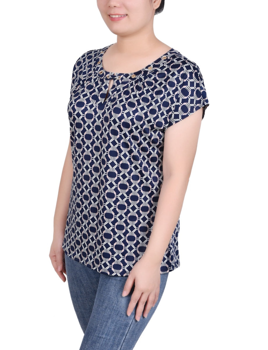  NY Collection Plus Size Extended Sleeve Top With Grommets - Black Blue Taupe Abstract - Bonton