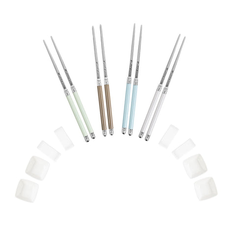 Mother of Pearl Colored Chopsticks, Ceramic Rests and Sauce Bowls, Set of 4 Pairs