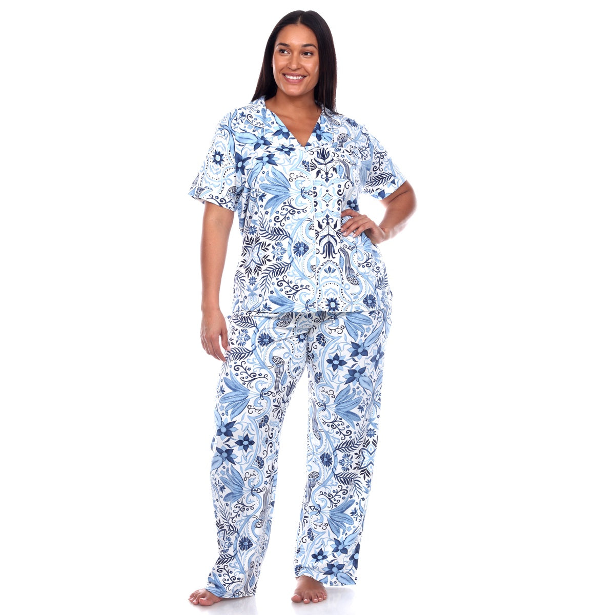  White Mark Plus Size Short Sleeve & Pants Tropical Pajama Set - 1X - Bonton