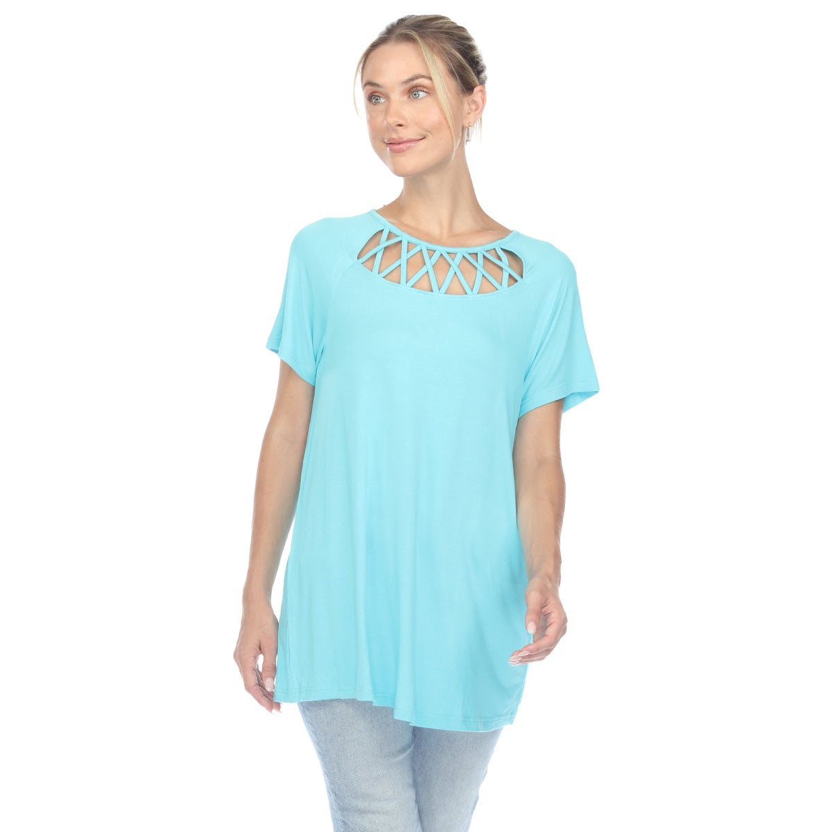  White Mark Women's Crisscross Cutout Short Sleeve Top - S - Bonton