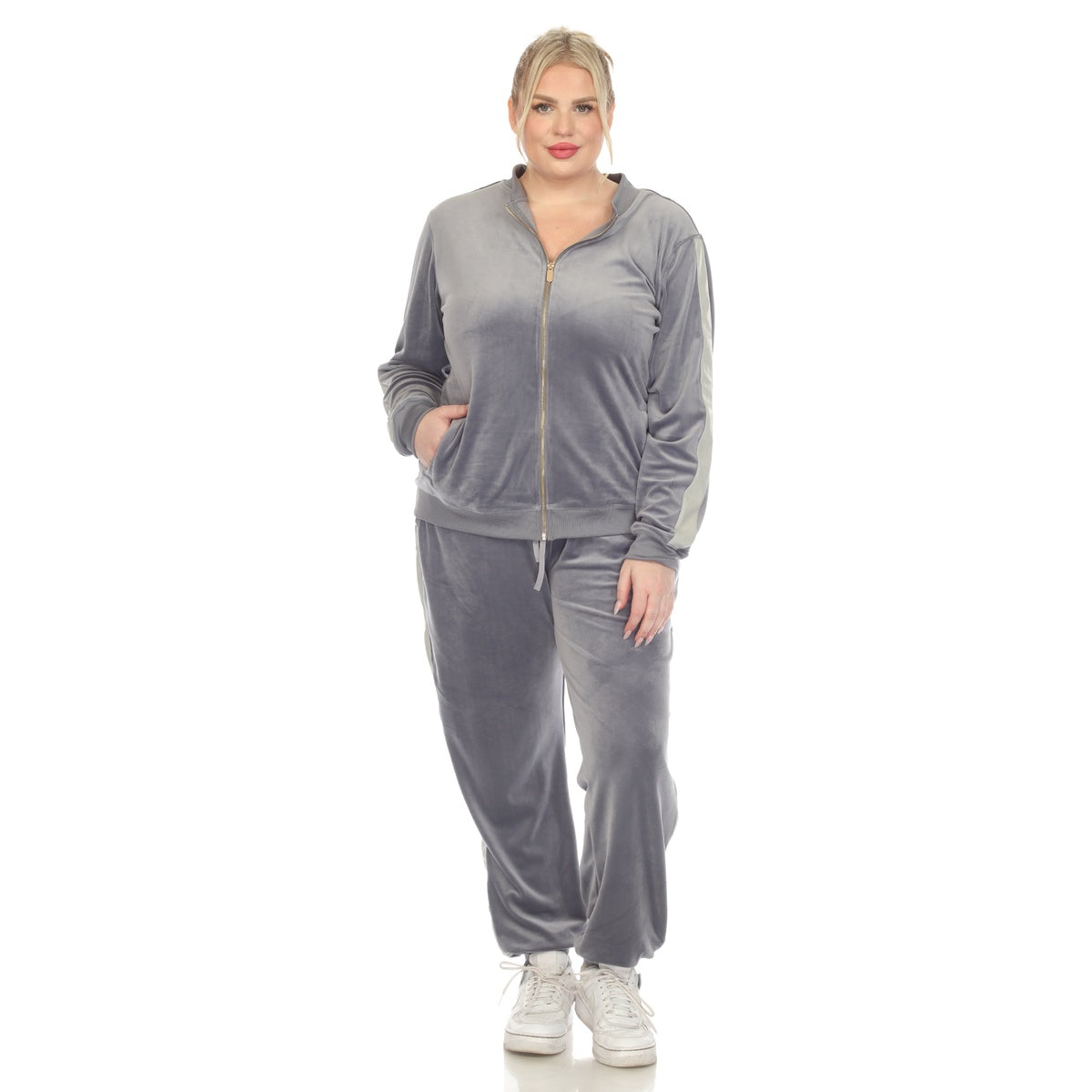  White Mark Plus Size 2-Piece Velour With Faux Leather Stripe - 1X - Bonton