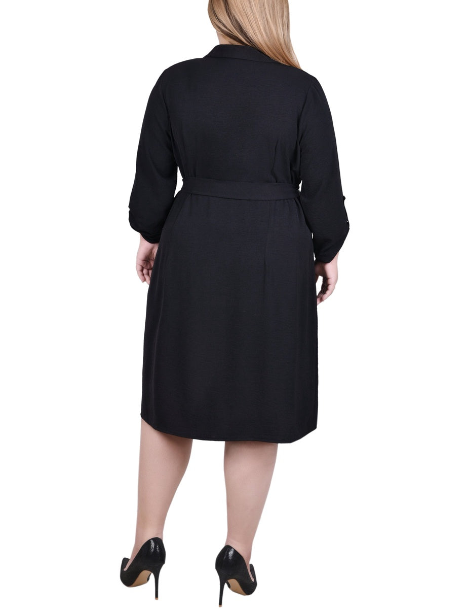  NY Collection Plus Size Long Roll Tab Sleeve Shirtdress - Burnt Olive - Bonton