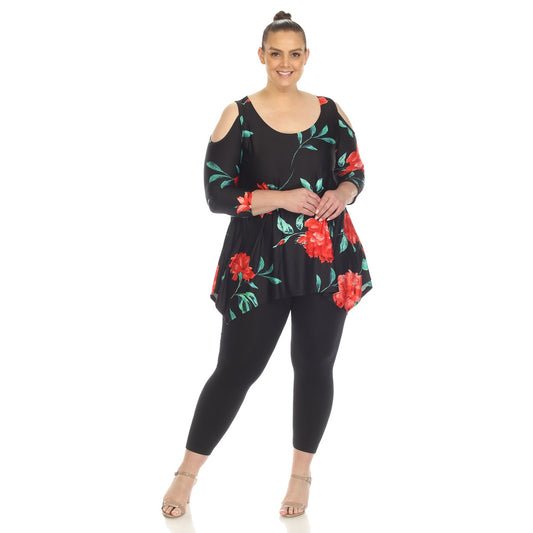 Plus Size Floral Printed Cold Shoulder Tunic