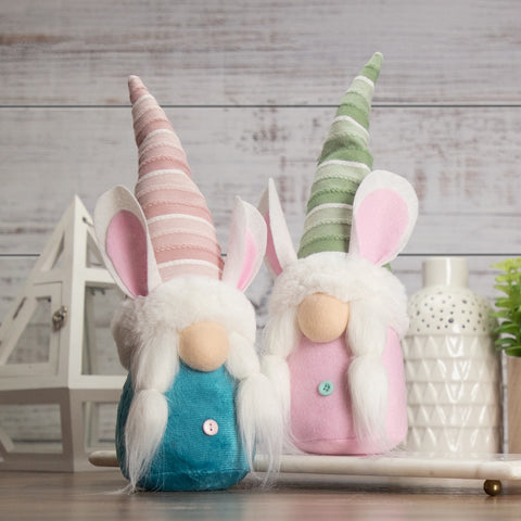 13" Pink and Green Gnome Girl With Bunny Ears Easter Figure