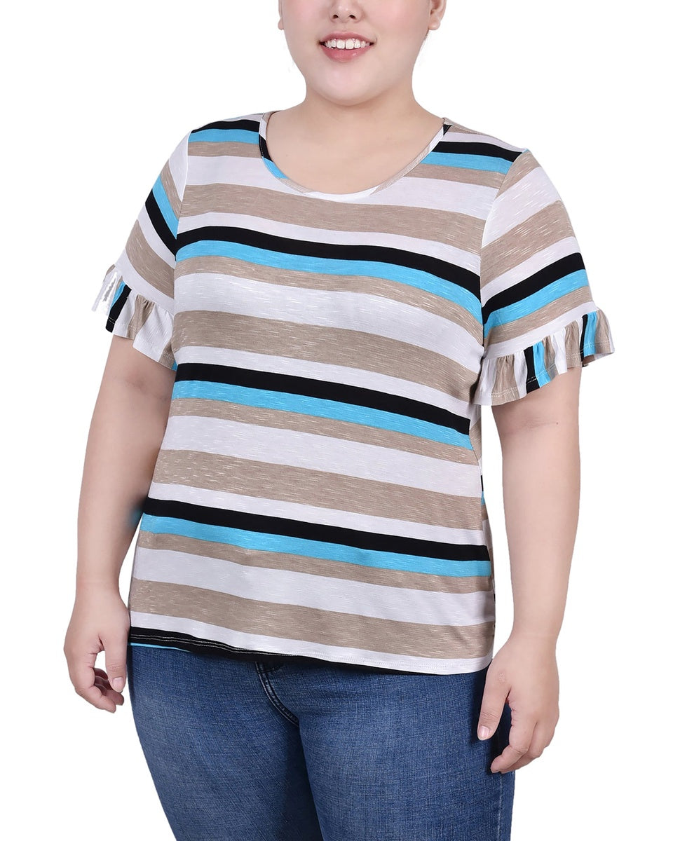  NY Collection Plus Size Short Bell Sleeve Top - Navy Double Stripe - Bonton