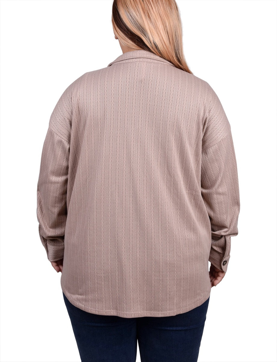  NY Collection Plus Size Long Sleeve Textured Knit Shirtjacket - Camel - Bonton