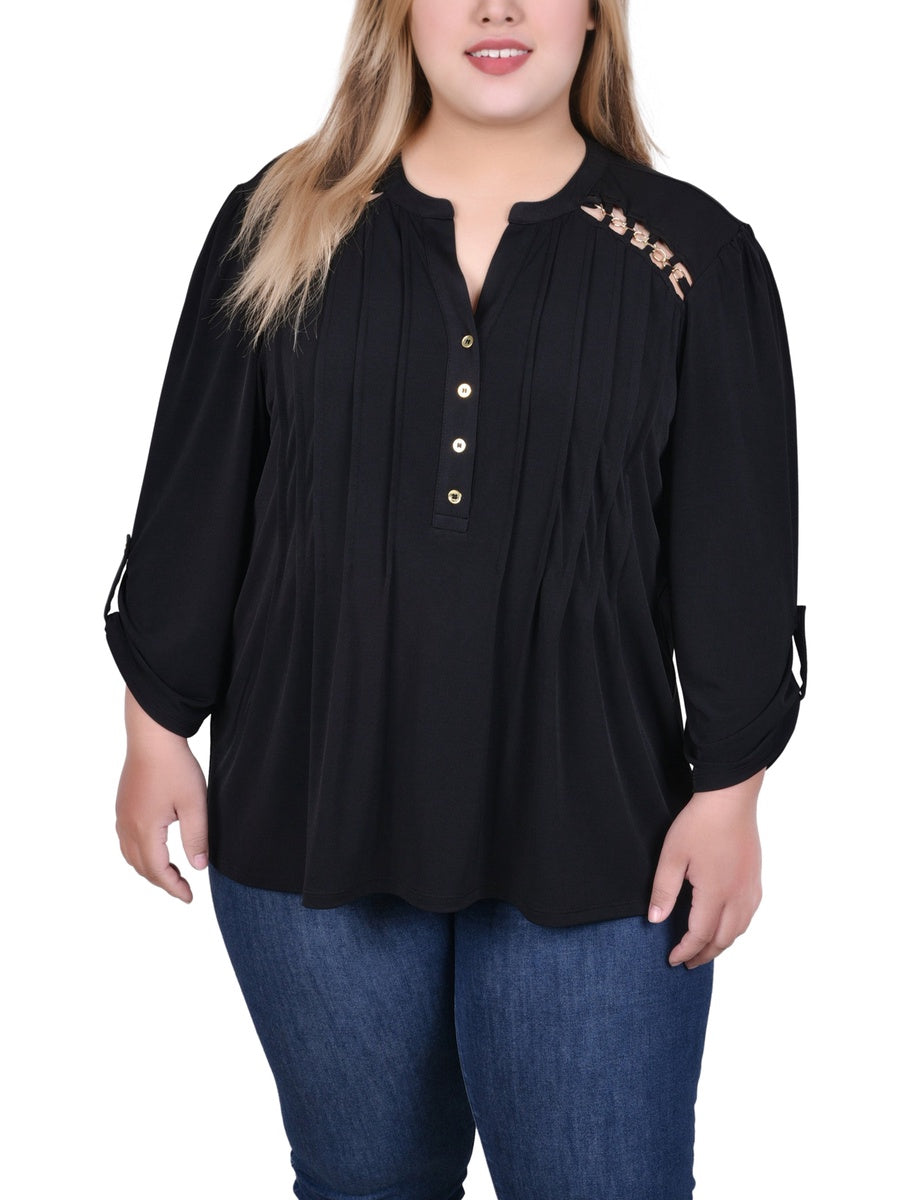  NY Collection Plus Size Long Sleeve Pintuck Front Top With Chain Details - Animal Lilas Dot - Bonton