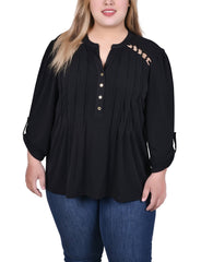 Plus Size Long Sleeve Pintuck Front Top With Chain Details