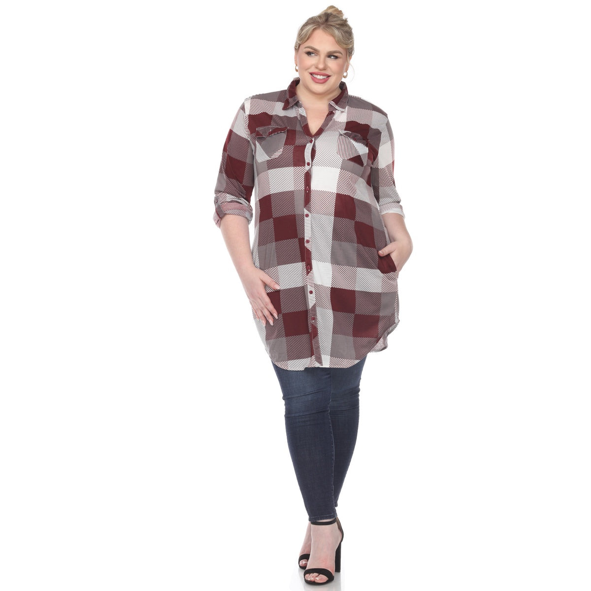  White Mark Plus Size Plaid Button Down Tunic Shirt - 1X - Bonton