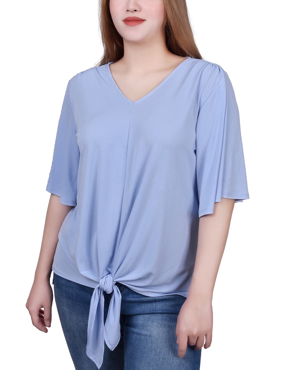  NY Collection Petite Elbow Sleeve Tie-Front Top - Blue Heron - Bonton