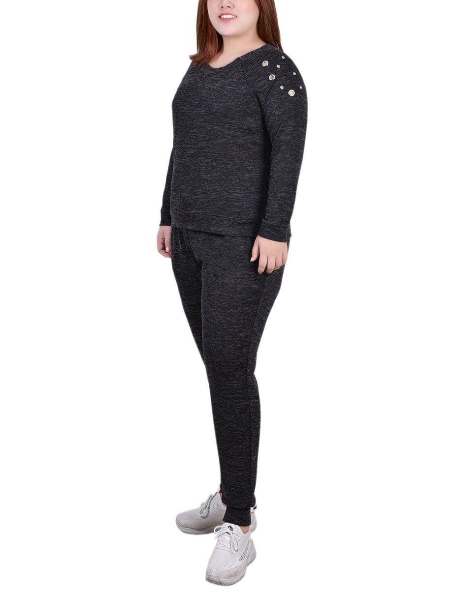  NY Collection Plus Size Long Sleeve Grommet Jogger Set - Black - Bonton