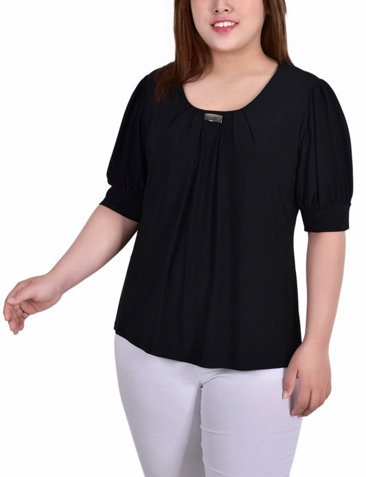 Plus Size Short Sleeve Balloon Sleeve Top With Hardware